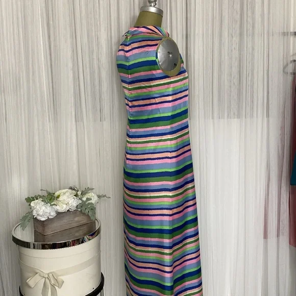 Dynasty vintage 60’s Striped Multicolor Sleeveless silk Dress S/M - Picture 7 of 17
